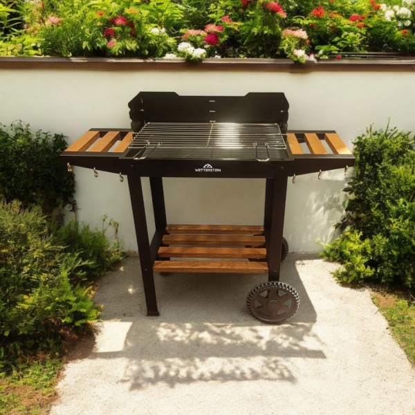WETTERSTEIN Tekerlekli Mangal, Ahşap Sehpalı/Raflı ,Barbekü S MODEL